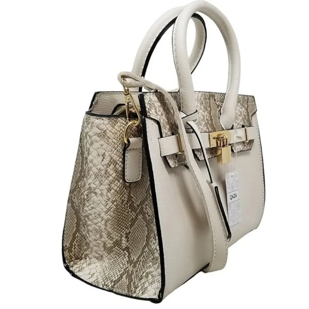 Beige Faux Snakeskin Square Crossbody Lock Charm Purse